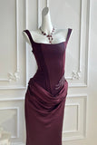 Burgundy Prom Dress Corset Back Mermaid Satin Formal Party Maxi Gown-Pgmdress