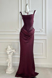 Burgundy Prom Dress Corset Back Mermaid Satin Formal Party Maxi Gown-Pgmdress