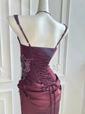 Burgundy Prom Dress Corset Back Mermaid Satin Formal Party Maxi Gown-Pgmdress