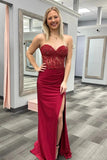 Burgundy Strapless Mermaid Appliques StraplessProm Dress with Slit PSK467-Pgmdress