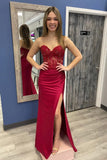 Burgundy Strapless Mermaid Appliques StraplessProm Dress with Slit PSK467-Pgmdress