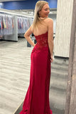 Burgundy Strapless Mermaid Appliques StraplessProm Dress with Slit PSK467-Pgmdress