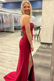 Burgundy Strapless Mermaid Appliques StraplessProm Dress with Slit PSK467-Pgmdress