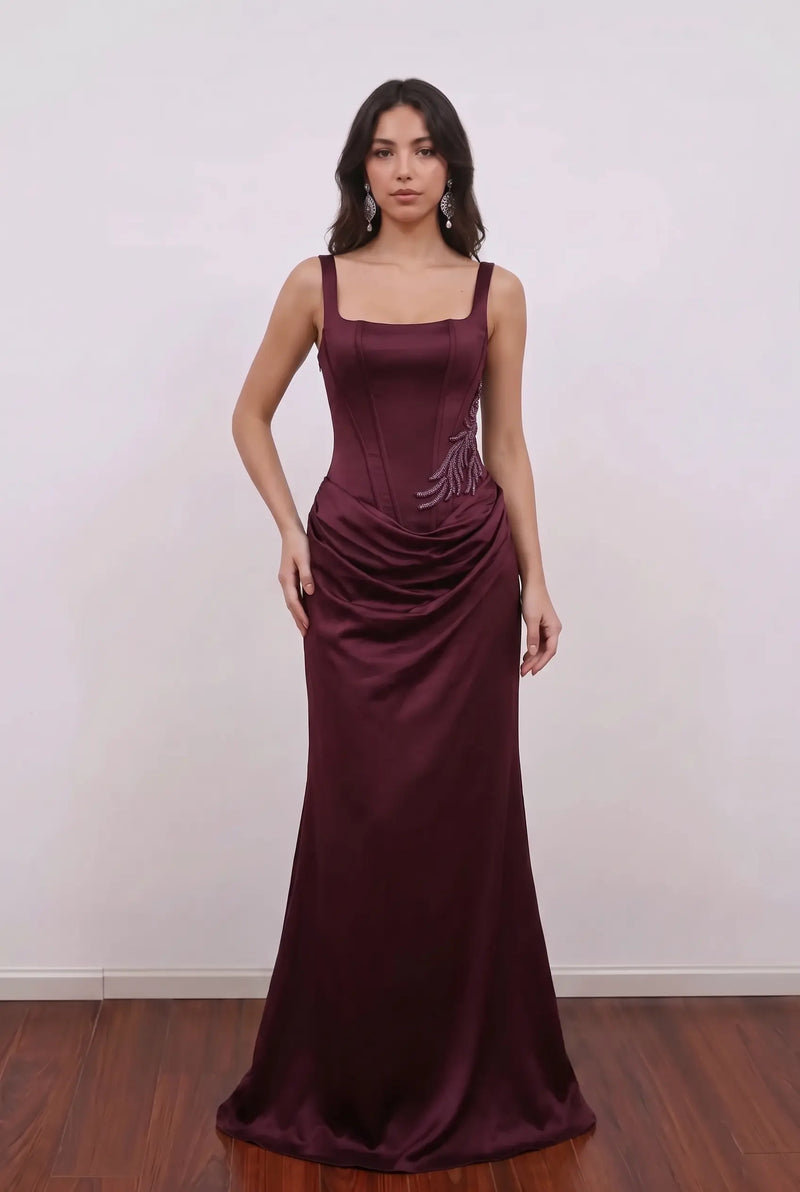 Burgundy Prom Dress Corset Back Mermaid Satin Formal Party Maxi Gown-Pgmdress