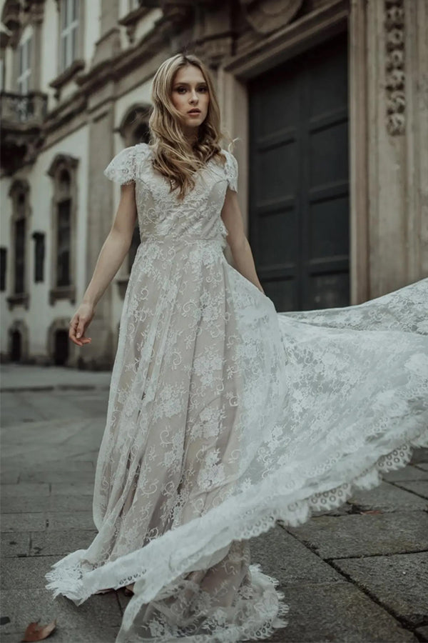 Cap Sleeves Ivory Lace Boho Wedding Dress Beach Wedding Dress-Pgmdress