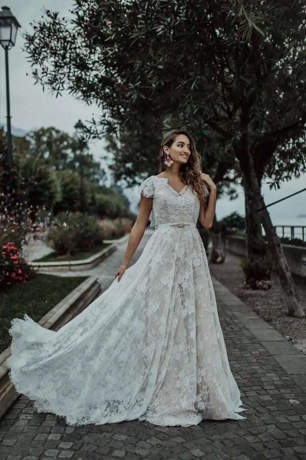 Cap Sleeves Ivory Lace Boho Wedding Dress Beach Wedding Dress-Pgmdress