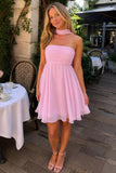 Casual A-Line Strapless Pink Pleated Chiffon Homecoming Dress-Pgmdress