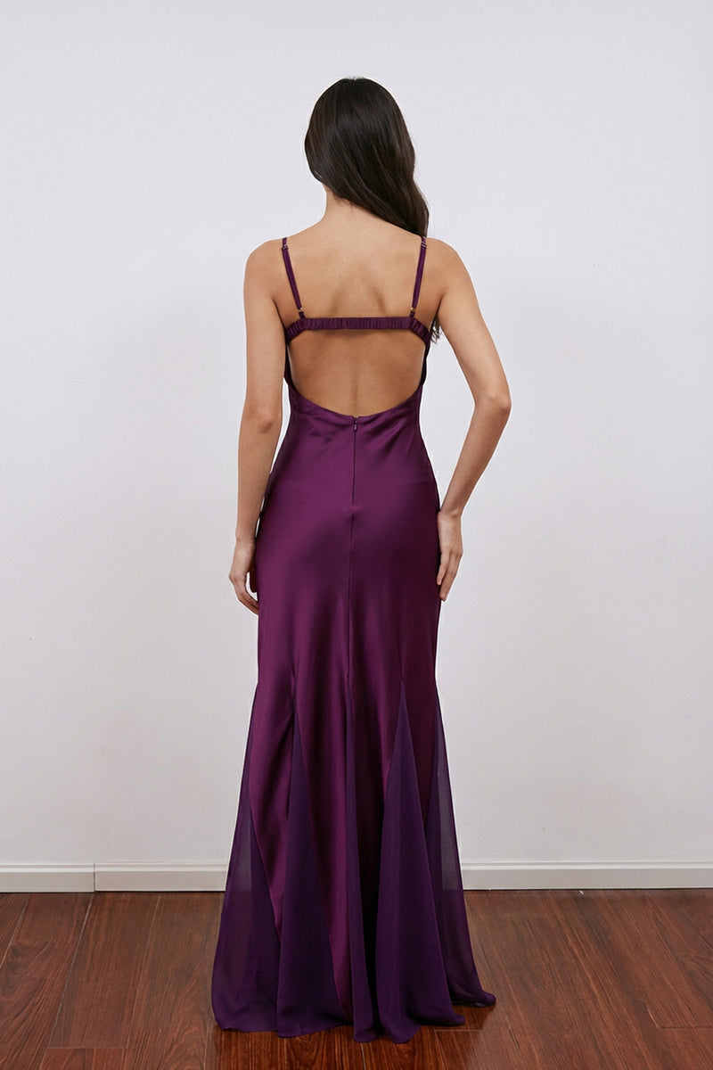 Casual Spaghetti Straps A-Line Satin Purple Prom Dress Party Dress-Pgmdress