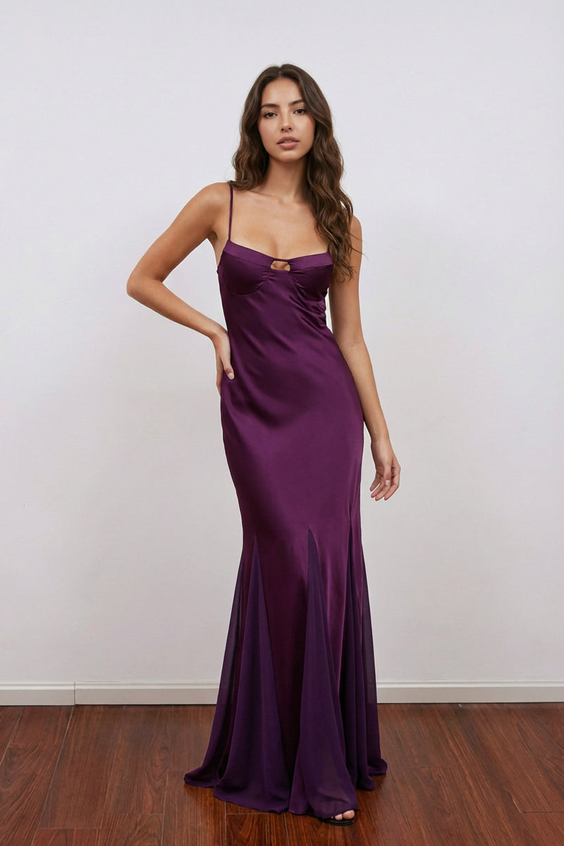 Casual Spaghetti Straps A-Line Satin Purple Prom Dress Party Dress-Pgmdress