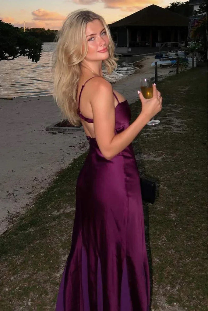 Casual Spaghetti Straps A-Line Satin Purple Prom Dress Party Dress US14 / Custom Color Casual Spaghetti Straps A-Line Satin Purple Prom Dress Party Dress US14 / Custom Color