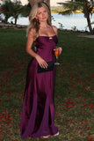 Casual Spaghetti Straps A-Line Satin Purple Prom Dress Party Dress-Pgmdress