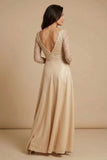 Champagne Boat Neck Long Mother of the Bride Dress with 3/4 Sleeves-Pgmdress