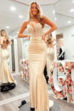 Champagne Spaghetti Straps Corset Back Long Prom Dress PSK518-Pgmdress