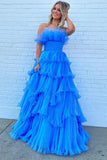 Charming A Line Strapless Blue Long Prom Dress with Ruffles PSK492