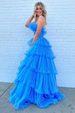 Charming A Line Strapless Blue Long Prom Dress with Ruffles PSK492-Pgmdress