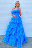 Charming A Line Strapless Blue Long Prom Dress with Ruffles PSK492-Pgmdress