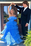 Charming A Line Strapless Blue Long Prom Dress with Ruffles PSK492-Pgmdress