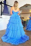 Charming A Line Strapless Blue Long Prom Dress with Ruffles PSK492-Pgmdress