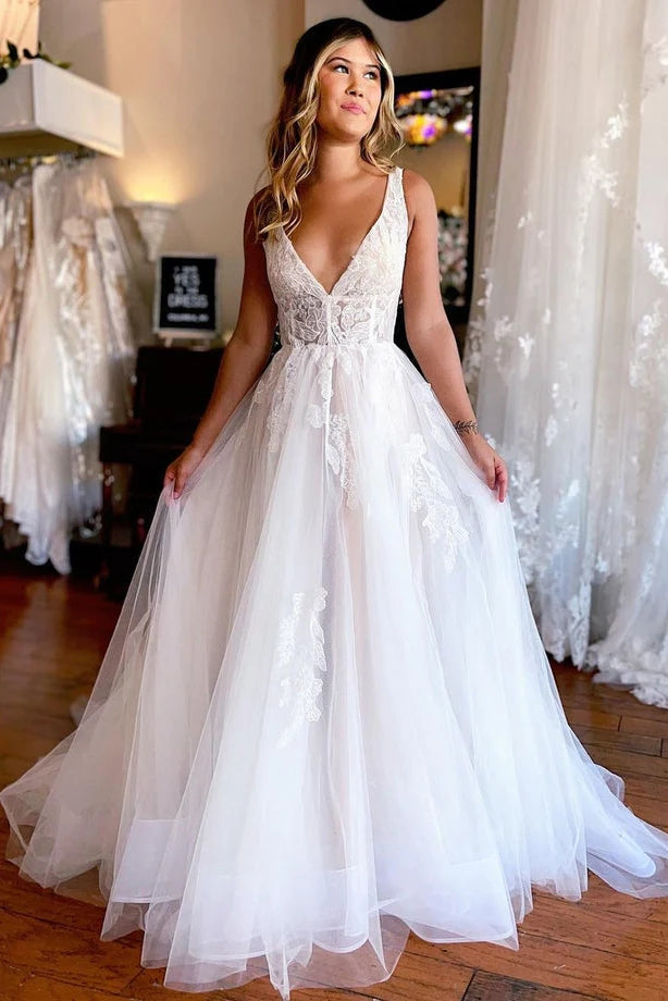 Charming A Line V Neck Tulle Beach Wedding Dresses with Appliques WD670-Pgmdress