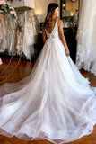 Charming A Line V Neck Tulle Beach Wedding Dresses with Appliques WD670-Pgmdress