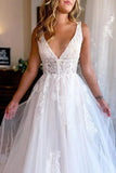 Charming A Line V Neck Tulle Beach Wedding Dresses with Appliques WD670-Pgmdress