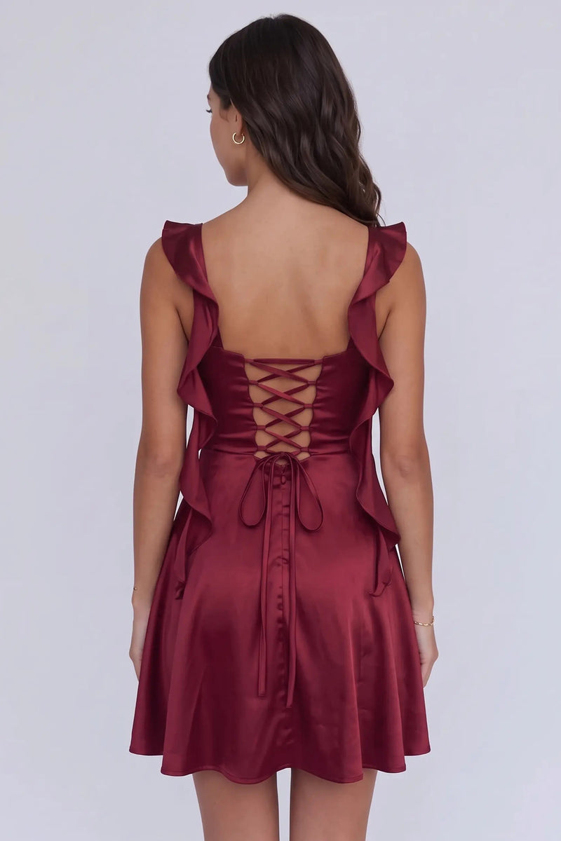 Charming Cowl Neck A-Line Burgundy Homecoming Dress with Ruffles
