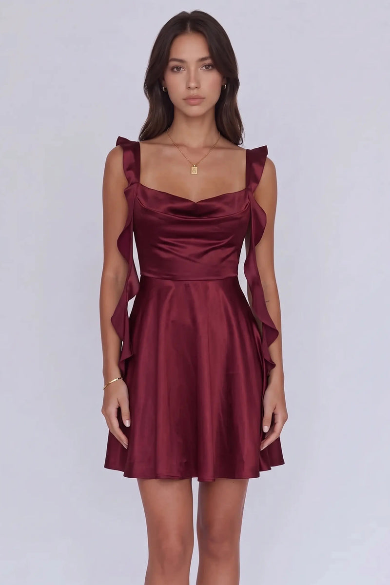 Charming Cowl Neck A-Line Burgundy Homecoming Dress with Ruffles