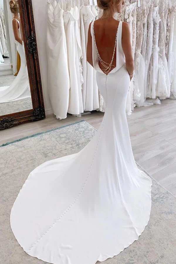 Charming Mermaid V Neck Satin Simple Long Wedding Dress WD792-Pgmdress