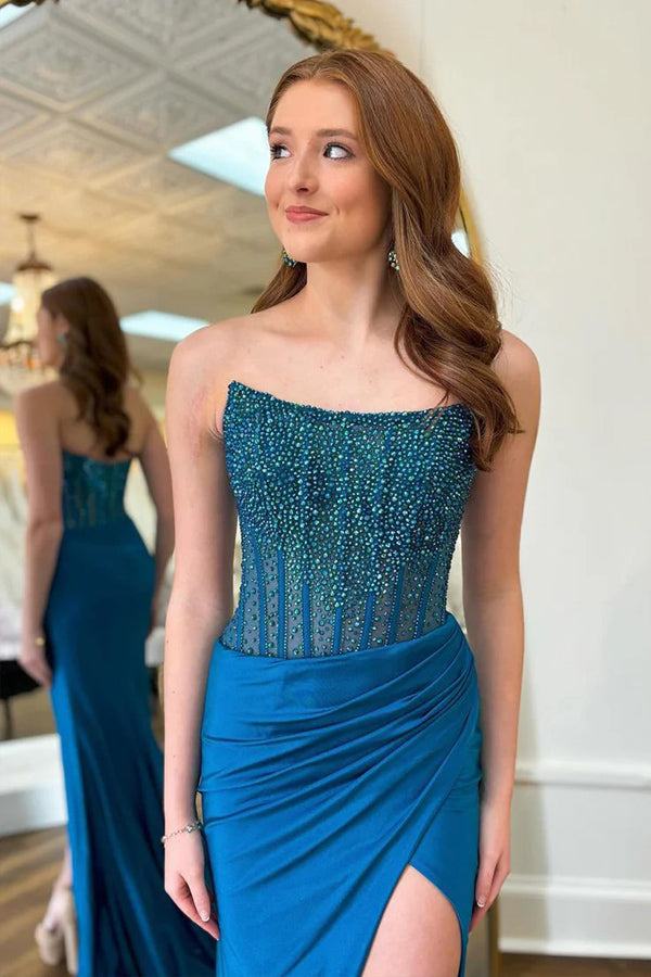 Charming Scoop Neck Mermaid Blue Prom Dress with Beading PSK606-Pgmdress