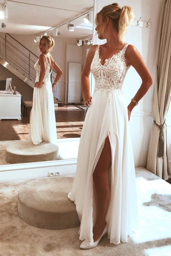 Charming Spaghetti straps Appliques Lace Split Beach Wedding Dress WD629-Pgmdress