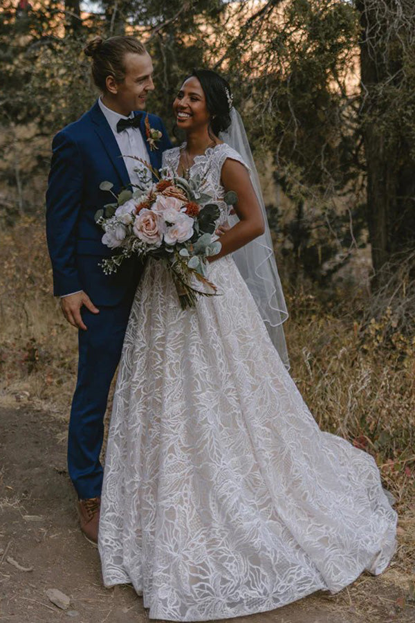 Charming V-neck A-line Lace Rustic Long Wedding Dress WD794-Pgmdress