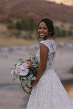Charming V-neck A-line Lace Rustic Long Wedding Dress WD794-Pgmdress