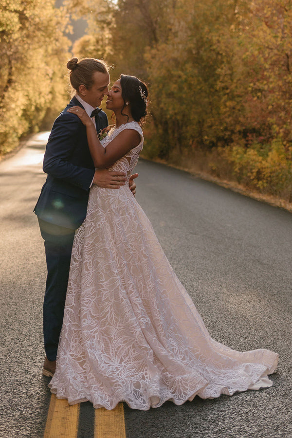 Charming V-neck A-line Lace Rustic Long Wedding Dress WD794-Pgmdress