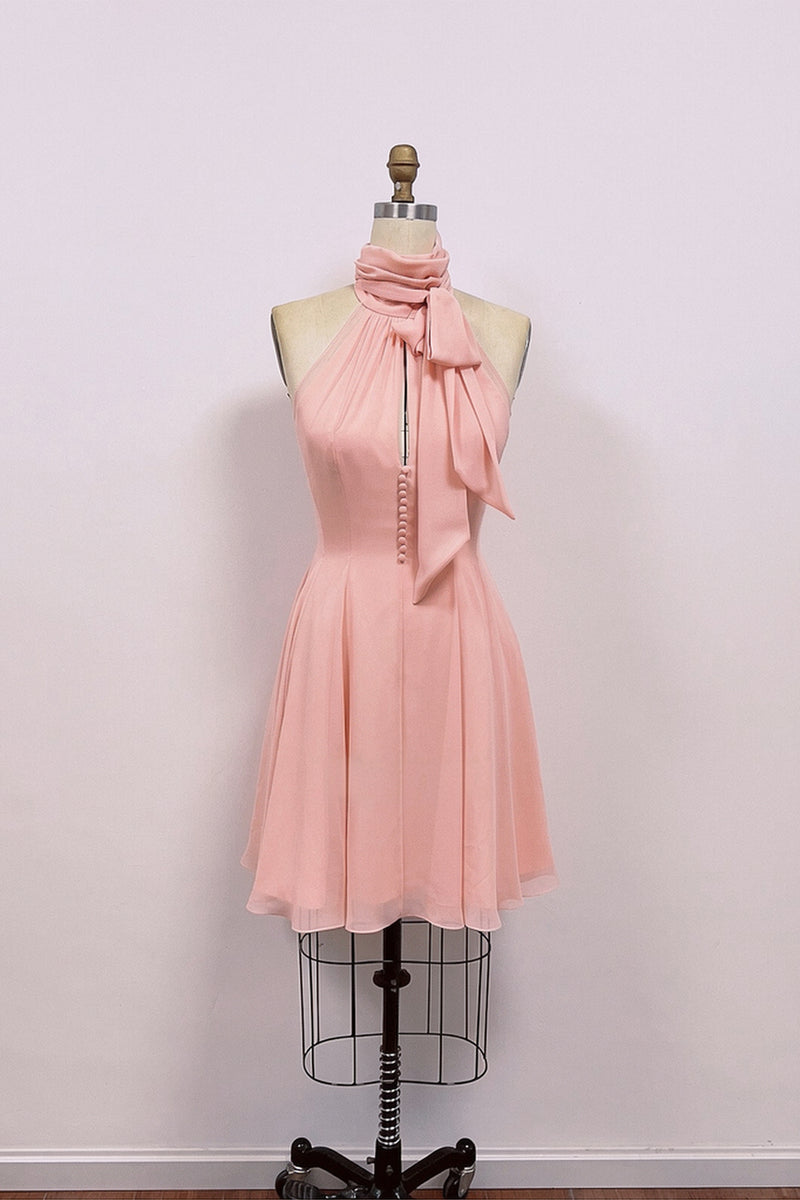 Chic Pink Halter Neck Homecoming Dress with Scarf & Pleated Skirt-Pgmdress