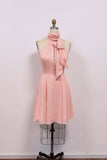 Chic Pink Halter Neck Homecoming Dress with Scarf & Pleated Skirt-Pgmdress