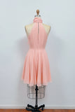 Chic Pink Halter Neck Homecoming Dress with Scarf & Pleated Skirt-Pgmdress