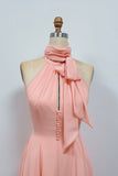 Chic Pink Halter Neck Homecoming Dress with Scarf & Pleated Skirt-Pgmdress