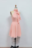 Chic Pink Halter Neck Homecoming Dress with Scarf & Pleated Skirt-Pgmdress