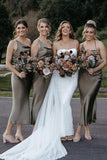 Chic Satin Sheath Bridesmaid Dresses Tea-length Short Gowns BD107