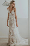 Chic Sheath Column V Neck Floral Lace Rustic Wedding Dress Bridal Gown WD658