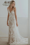 Chic Sheath Column V Neck Floral Lace Rustic Wedding Dress Bridal Gown WD658-Pgmdress