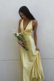 Chic Sheath Halter Neck Yellow Long Prom Dress with Backless Bowknot