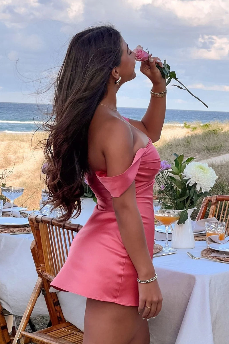 Chic Sheath Off the Shoulder Pink Homecoming Dress with Ruched-Pgmdress