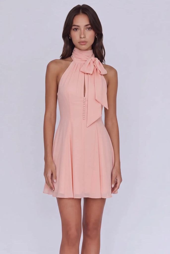 Chic Pink Halter Neck Homecoming Dress with Scarf & Pleated Skirt-Pgmdress