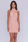 Chic Pink Halter Neck Homecoming Dress with Scarf & Pleated Skirt-Pgmdress