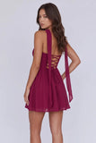 Chiffon Mini Homecoming Dress with Halter Neck and Lace-Up Back-Pgmdress