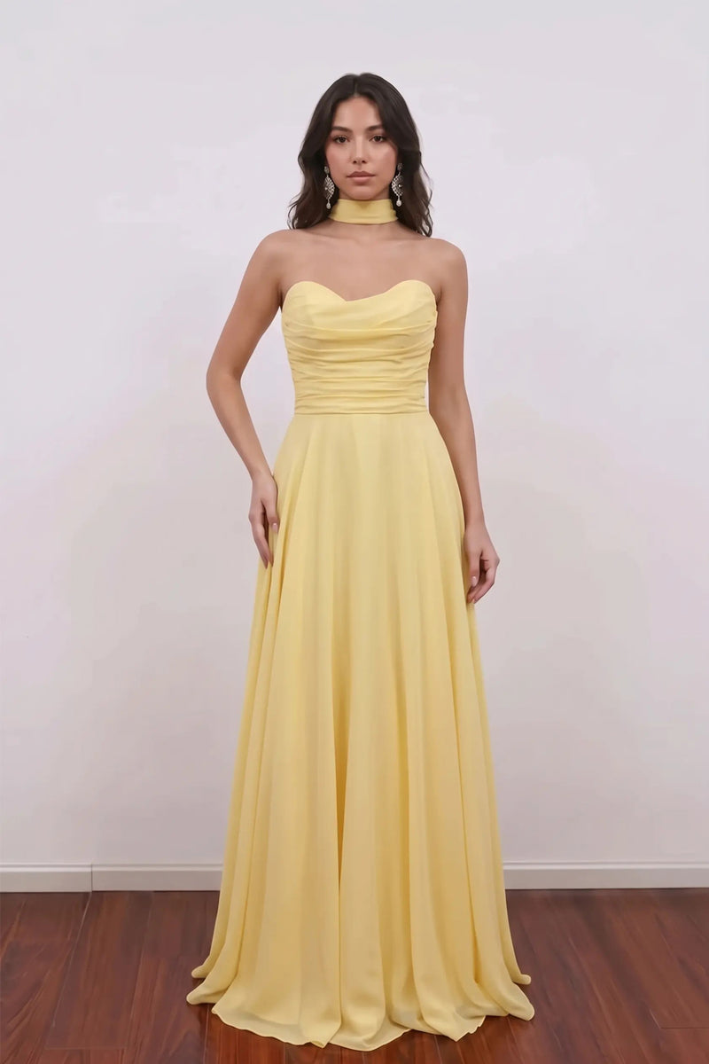 Chiffon Strapless Ruched Bodice A-Line Yellow Prom Dress with Lace Up-Pgmdress