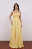 Chiffon Strapless Ruched Bodice A-Line Yellow Prom Dress with Lace Up