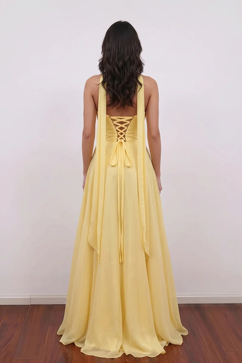 Chiffon Strapless Ruched Bodice A-Line Yellow Prom Dress with Lace Up-Pgmdress