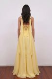 Chiffon Strapless Ruched Bodice A-Line Yellow Prom Dress with Lace Up-Pgmdress